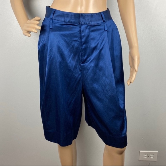 STAUD BLUE PLEATED SATIN BERMUDA SHORTS - Picture 2 of 11